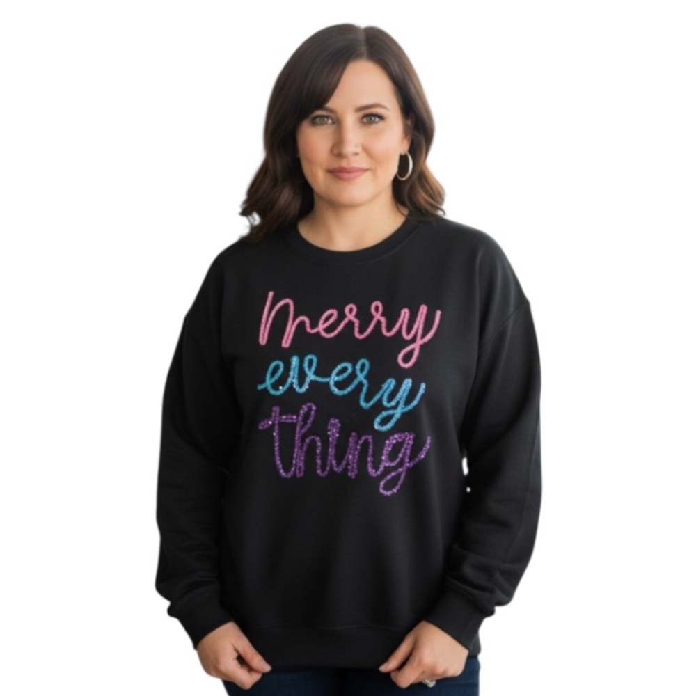 State of Mine Tinsel Sparkle Christmas Merry Everything Sweatshirt black L NWT